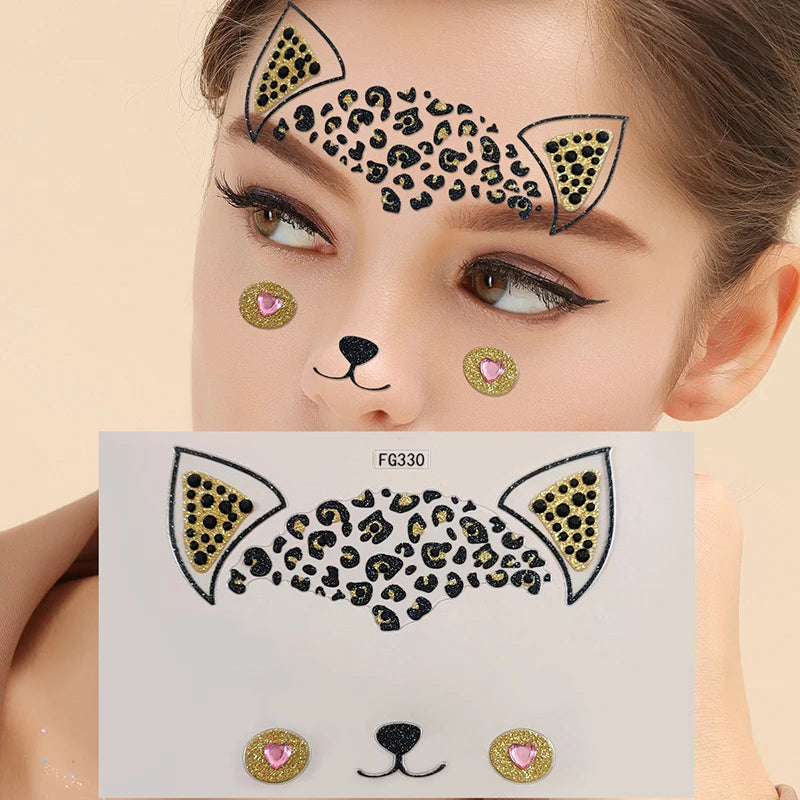 3d Cat Crystal Face Body Temporary Tattoo Diamond Adhesive Eyeshadow Sticker Carnival Party Holiday Masquerade Tattoo Diy